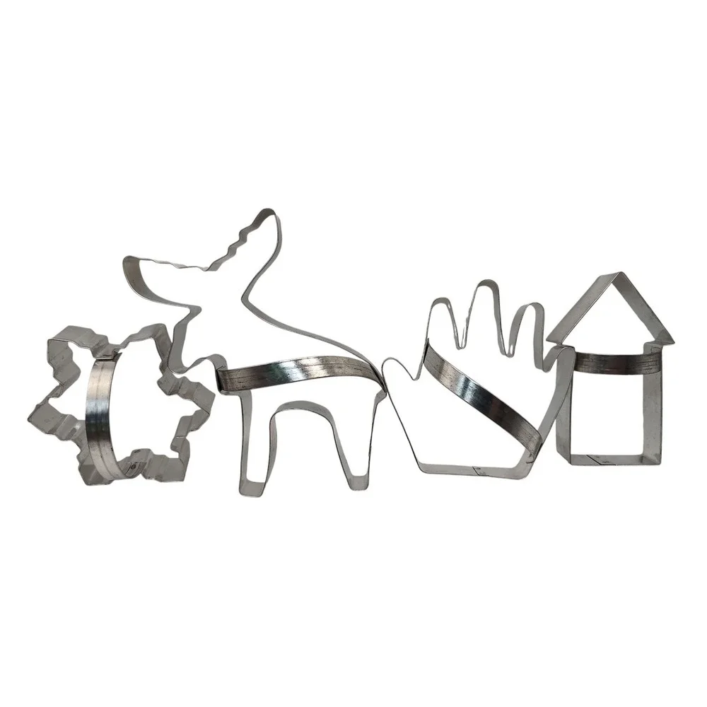 Large Vintage Cookie Cutters Snowflake Moose Hand House with Handles Set of Four